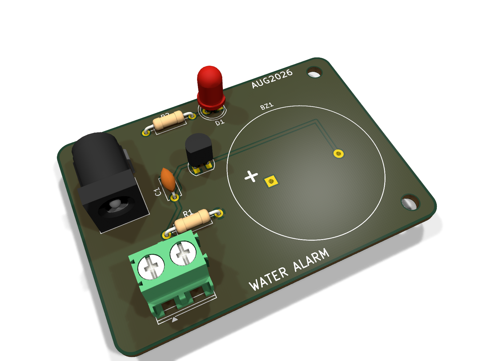 완성된 물 감지 알람 PCB 3D 렌더링